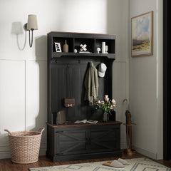 3-in-1 Hall Tree with Shoe Storage, Coat Rack with Bench, Entryway Furniture with Five Hooks, Black Wood Grain