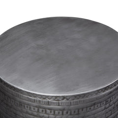 Perseus 15 inch Wide Tribal Pattern Metal Accent Table in Antique Silver