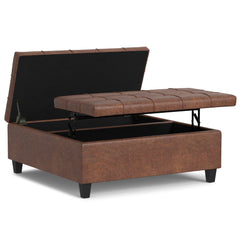 Aeneas 40 inch Wide Large Square Coffee Table Storage Ottoman in Distressed Saddle Brown Vegan Leather