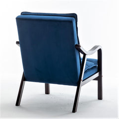 Mid-Century Modern Dark Blue Accent Chair with Wood Armrest, Upholstered Reading Chair for Living Room Bedroom