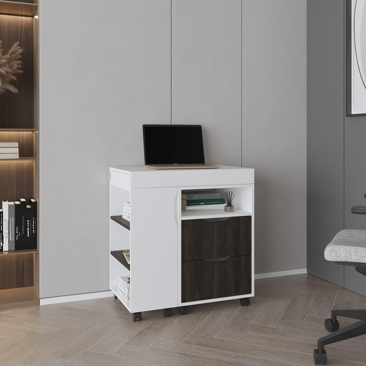 Lyric Diego 54" Wide Two Drawer Expandable Desk with Seven Shelves and Casters White - Dark Walnut