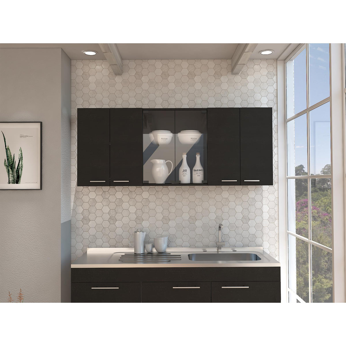 Archive 150 Wall Cabinet With Glass, Four Interior Shelves, Two Double Door -Black