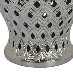 Aurora 18 Inch Temple Jar, Pierced, Carved Lattice Design, Lid, Silver