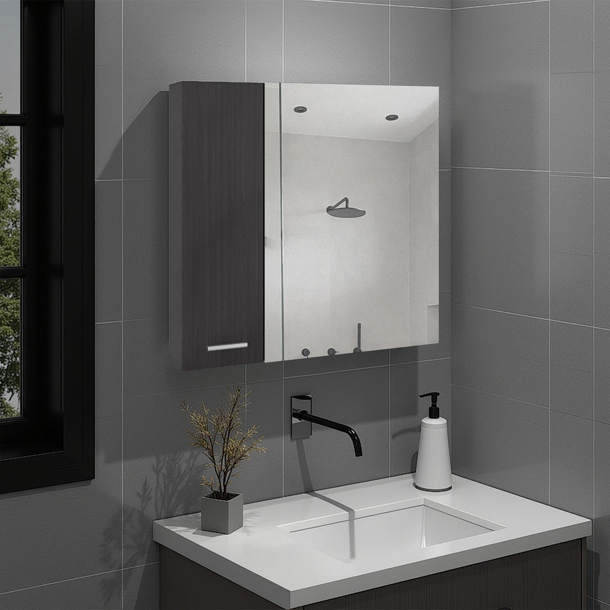 Aria Mirror Medicine Cabinet with Double Door, Four Interior Shelves, Humidity-Resistant Bathroom Storage, Wall Mounted Organizer for Toiletries, Essentials and Daily Use Items.