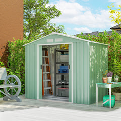 7' x 4' Outdoor Storage Shed, Garden Tool House w/ Foundation Kit Vents & Sliding Doors for Backyard Patio, Light Green
