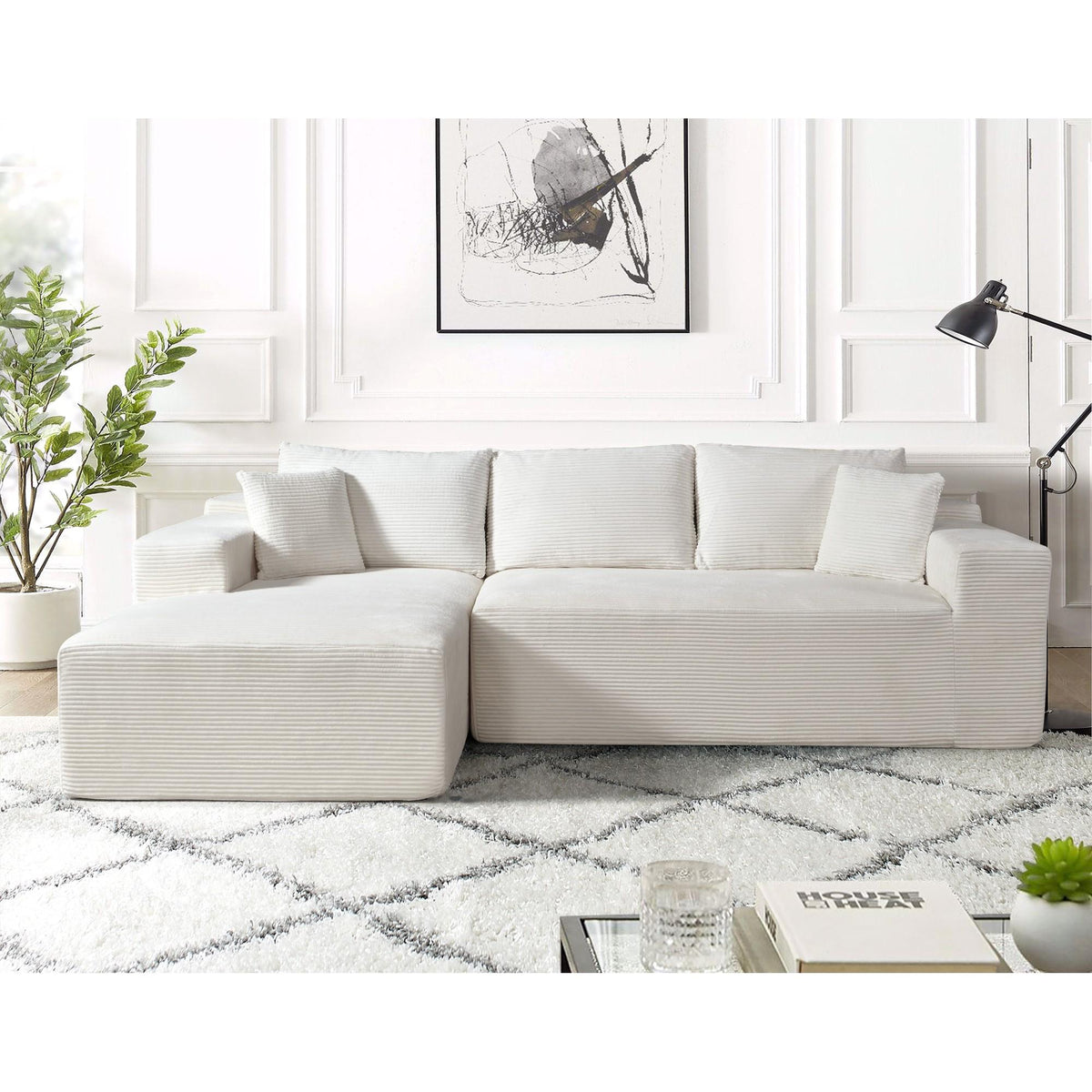 2-Piece Convertible Corduroy L-Shaped Sofa in a Box with Pillows, 3-Seater Modular Sectional Couch, Compressed Living Room Furniture, Beige (Left Facing)