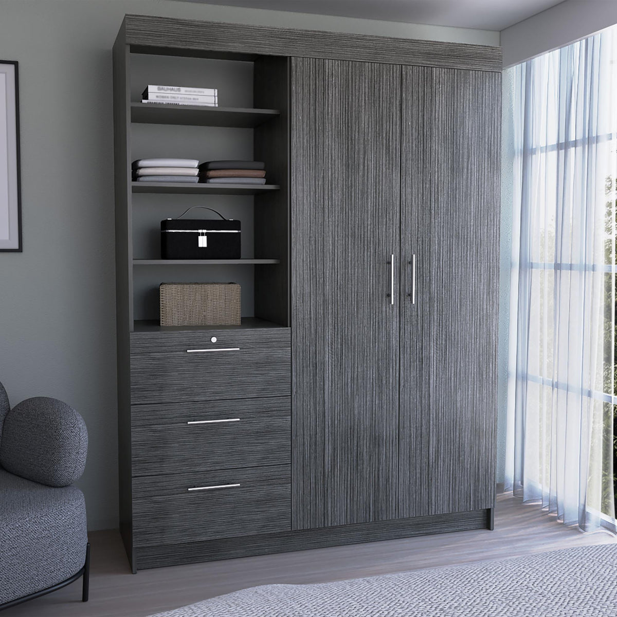 Astyanax 3 Drawers Armoire, Double Door, 3-Tier Shelf Smokey Oak
