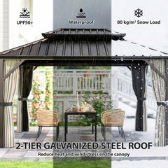 10' x 14' Hardtop Gazebo with Double Galvanized Steel Roof Canopy, Aluminum Frame Permanent Gazebo, Brown