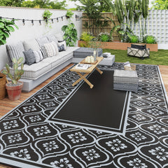 Reversible Outdoor Rug, Waterproof Plastic Straw with Carry Bag, 9' x 18', Black & Gray Gourd Border