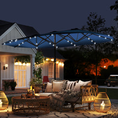 Garden Parasol 14.4ft Double-Sided Sun Umbrella with Base, Patio Parasol with LED Solar Lights, Navy Blue