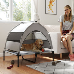 Elevated Dog Bed with Removable Canopy, Portable Outside Raised Pet Cot with Cooling Pad, Storage Bag, 36" x 29.5" x 35"