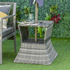 Outdoor Side Table with Umbrella Hole, 2 Tier Rattan Wicker End Table with Storage Shelf, All Weather for Outdoor, Patio, Garden, Backyard, Mixed Gray