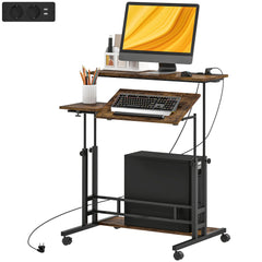 Adjustable Standing Desk with Power Outlets, Stand Up Desk with Tiltable Tabletop, Wheels, Shelf, for Home Office, Brown