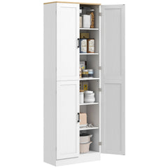 Freestanding Kitchen Pantry, 4-Door Kitchen Pantry Cabinet with Adjustable Shelves and Doors, White Embossed Wood Grain