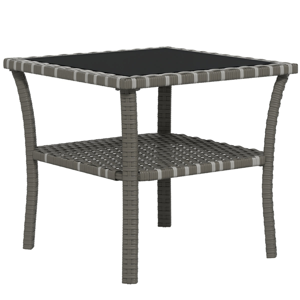 Rattan Side Table, Outdoor End Table with Storage Shelf, Aluminum Frame Square, Coffee Table with Tempered Glass Top, Mixed Gray