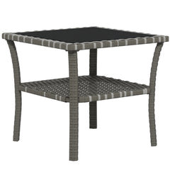 Rattan Side Table, Outdoor End Table with Storage Shelf, Aluminum Frame Square, Coffee Table with Tempered Glass Top, Mixed Gray