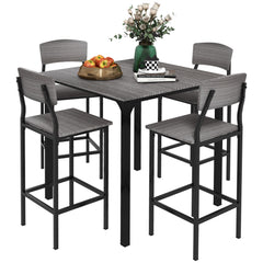5-Piece Counter Height Bar Table with Space-Saving Design, Square Kitchen Table and Chairs Set with Footrest, Metal Legs, Industrial Dining Table Set for 4, Gray