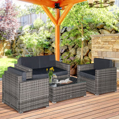 4 Piece Wicker Patio Furniture Set with Cushions, Outdoor Sectional Furniture with 2 Sofa, Loveseat, and Glass Top Coffee Table, Conversation Sofa Sets for Garden, Black