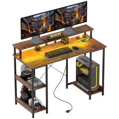 Computer Desk with Storage, 47" Reversible Computer Table with Power Outlets and LED Lights, Rustic Brown