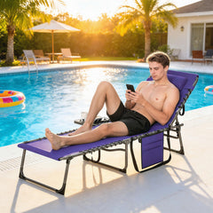 Folding Outdoor Chaise Lounge Chair Tanning Chair with 5-Level Adjustable Back, Side Table, Pillow, Pocket, Purple