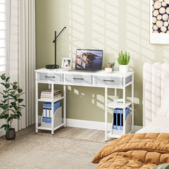 47" Small Computer Desk, Writing Desk with Fabric Drawers, Home Office Desk with Adjustable Shelves, White