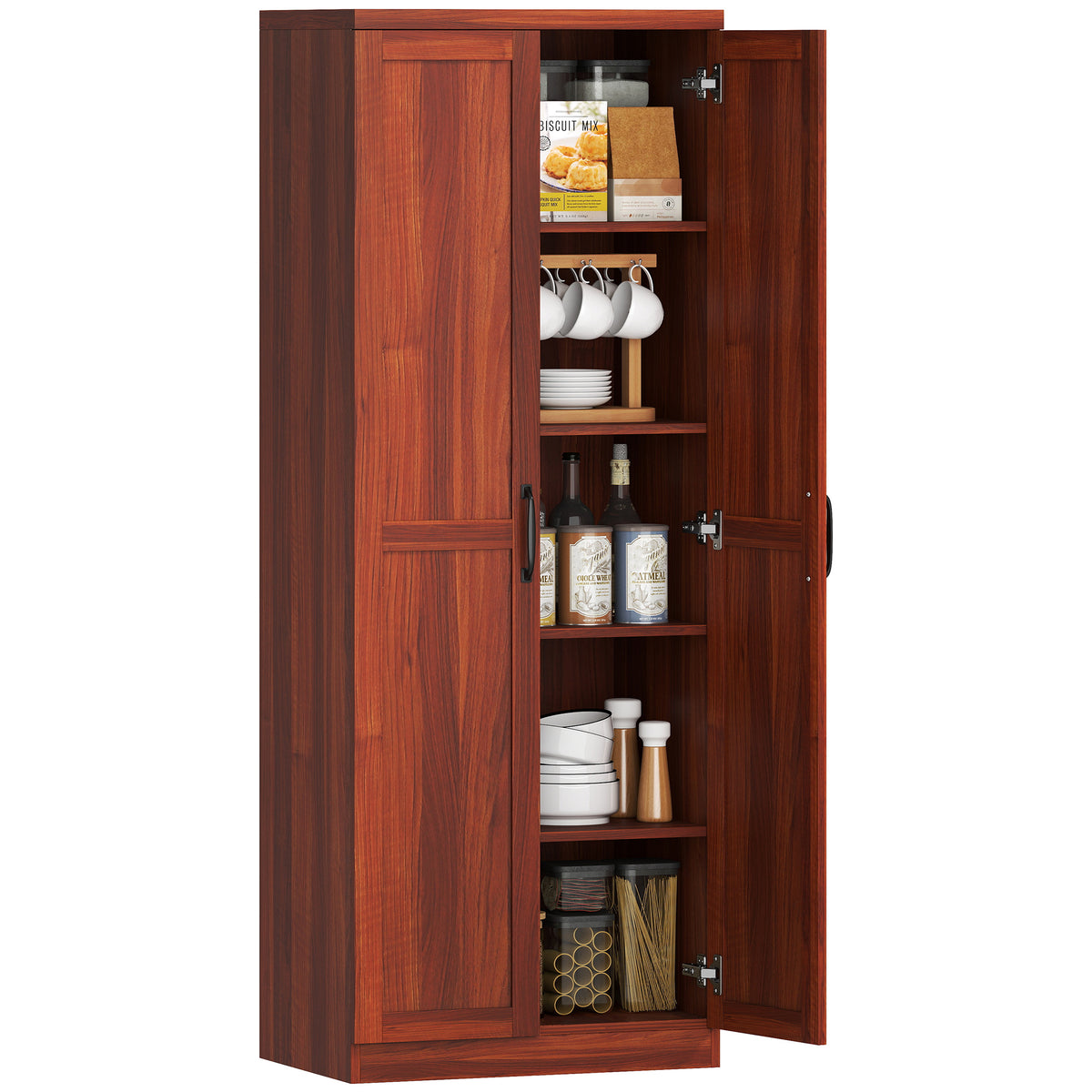 63" Kitchen Pantry Storage Cabinet with Doors and Shelves, Tall Kitchen Cabinet with 2 Doors and 5-tier Shelving
