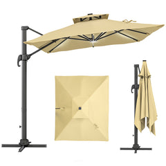 10ft. Solar LED Cantilever Umbrella, Offset Hanging Umbrella with 360°Rotation, Cross Base, 8 Ribs, Tilt and Crank for Yard, Khaki