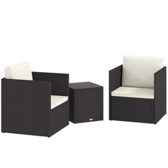 Folding Wicker Bistro Set, 3 Piece Patio Furniture Set with Cushions and Glass Coffee Table for Porch, Balcony, Brown