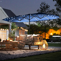 Garden Parasol, Double-Sided Sun Umbrella with LED Solar Lights, Patio Parasol for Outdoor, Blue