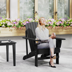 Oversized Adirondack Chair, Outdoor Fire Pit and Porch Seating, Classic Log Lounge w/ Built-in Cupholder, Black