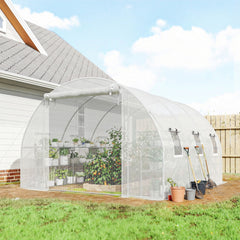 10'x11'x6' Walk-in Tunnel Greenhouse with Shelves, Mesh Door and Windows, Hoop House Greenhouse with PE Cover, White