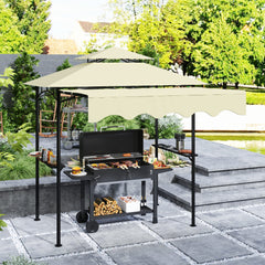 8' x 7.6' Outdoor Grill Gazebo, Barbecue Gazebo Shelter with Side Awning, 2 Side Shelves and 6 Hooks, Beige