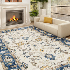 Machine Washable Area Rug 4x6, Non-Slip Boho Floral Print Floor Carpet for Living Room, Bedroom, Dining Room, Blue