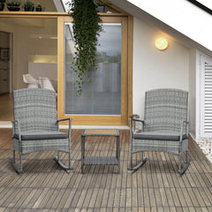 3 Piece Outdoor PE Rattan Rocking Chair Set, Patio Wicker Recliner Rocker Chair with Soft Cushion & Nature Wood Top Coffee Table, Grey