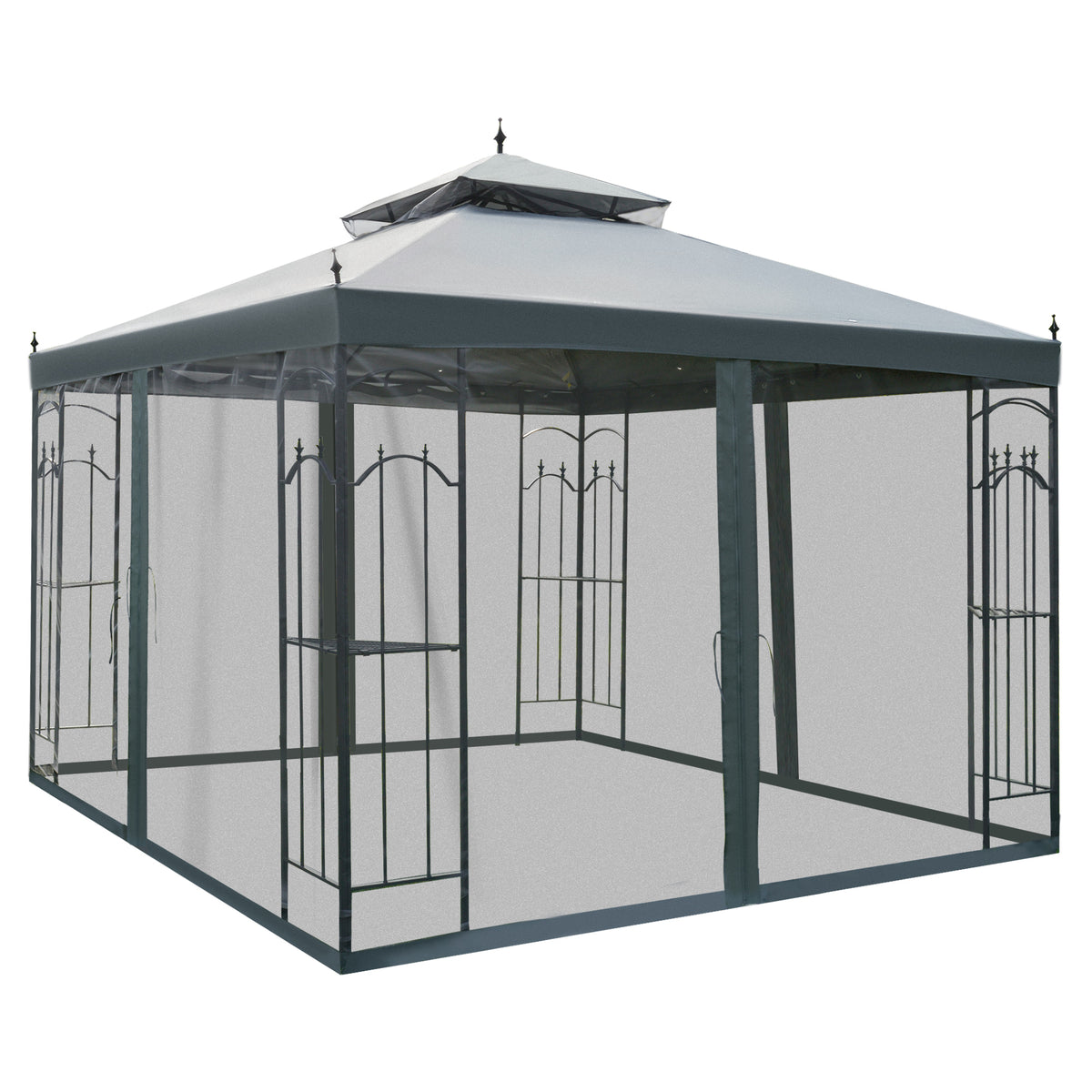 118" x 118" Steel Outdoor Patio Gazebo Canopy with Removable Mesh Curtains, Display Shelves, & Steel Frame, Gray