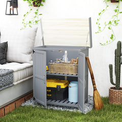 Outdoor Storage Cabinet, Garden Tool Shed with Metal Tabletop and Shelf, Wooden Potting Bench with 2 Doors, Gray