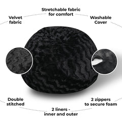 Faux Fur Bean Bag Chair, Black-5ft Cozy and Stretchable Fabric Lounger for Children and Adults with Easy-Clean Cover, Comfortable Faux Fur Seating for Bedrooms, Filled with Shredded and Memory Foam.