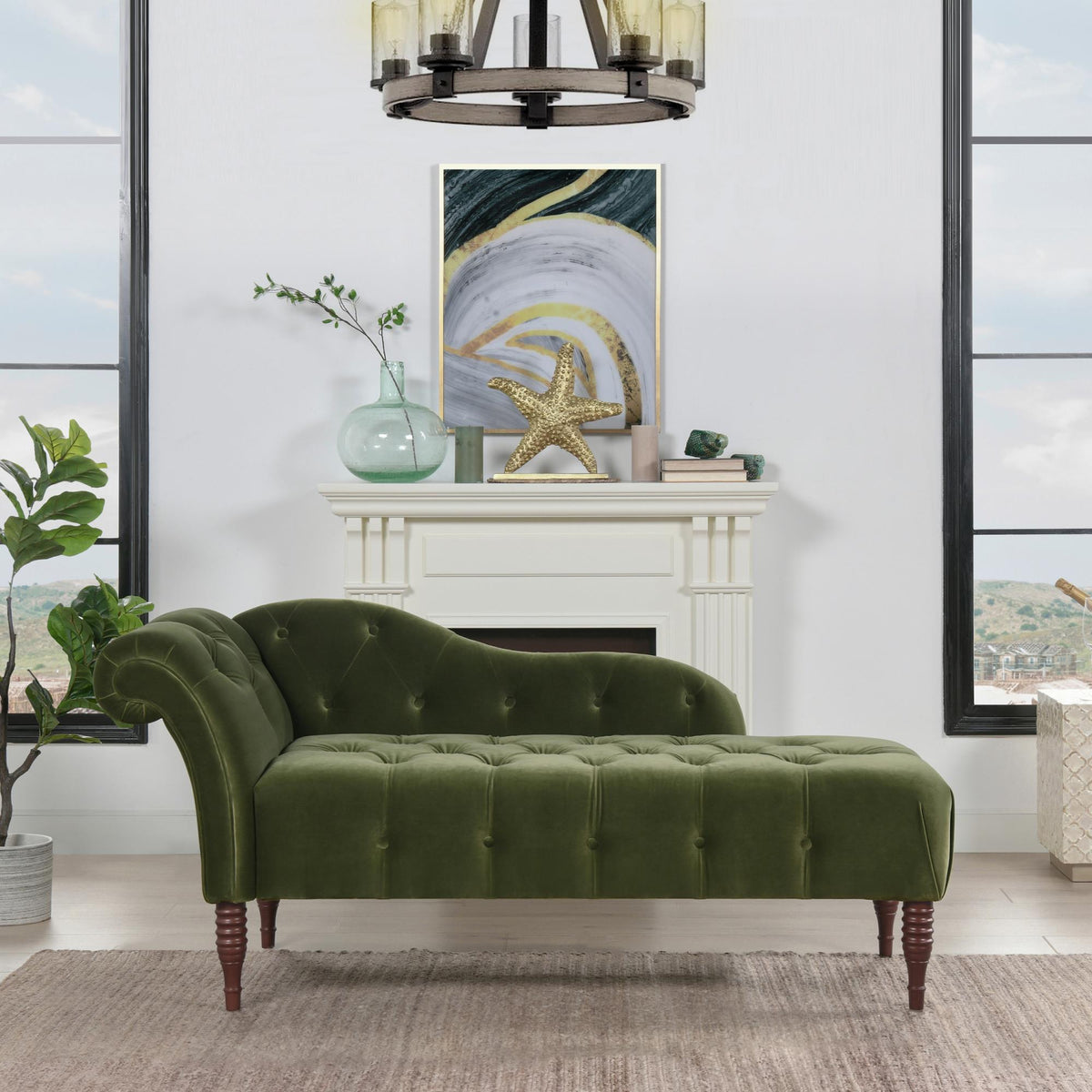 Nirvana Tufted Roll Arm Chaise Lounge, Olive Green Performance Velvet