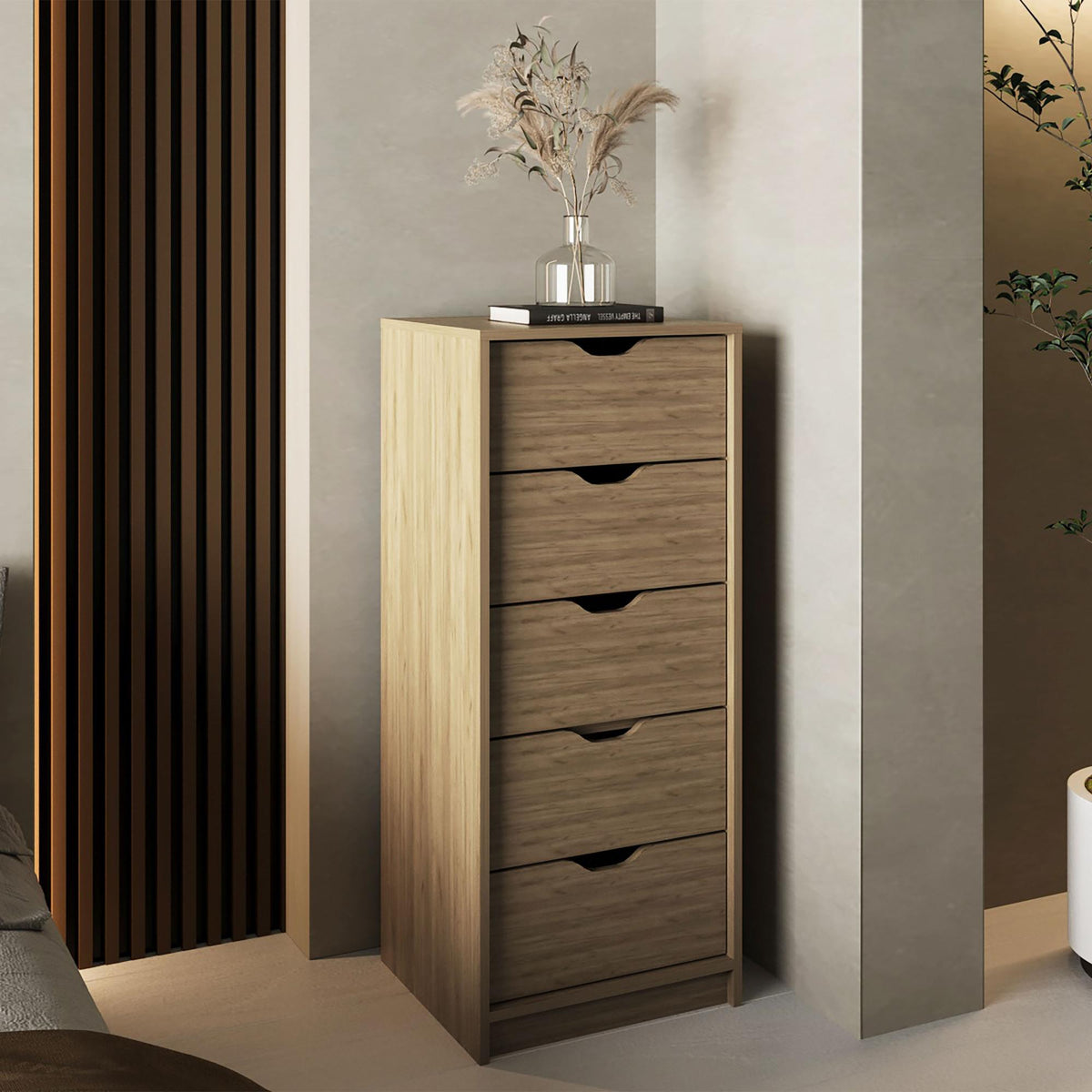 Utopia Tall Narrow Dresser, Pull Out System, Five Drawers, Natural Oak
