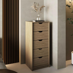 Utopia Tall Narrow Dresser, Pull Out System, Five Drawers, Natural Oak