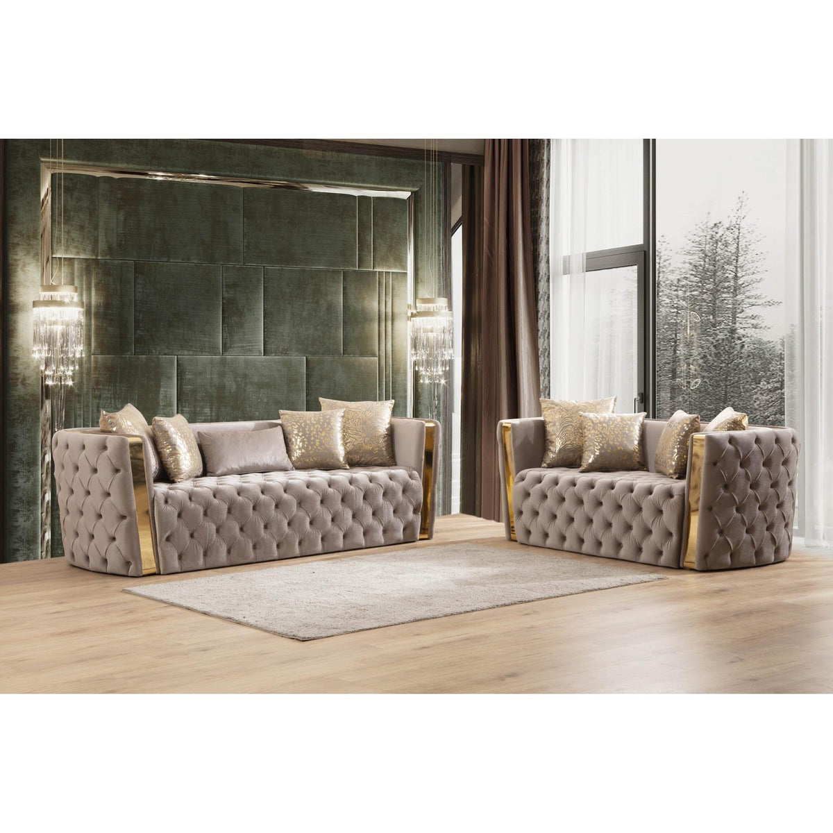 Revelation Button Tufted 2 Pc Set with Velvet Fabric and Gold Accent in Taupe