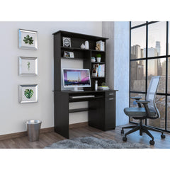 Clytemnestra 180 Hutch Desk, Multiple Shelves, Keyboard Tray, CPU anel, One Drawer -Black