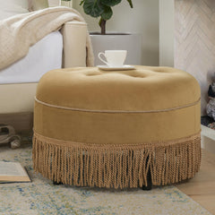 Planet 24" Round Upholstered Accent Ottoman, Gold Yellow Velvet with Gold Trim