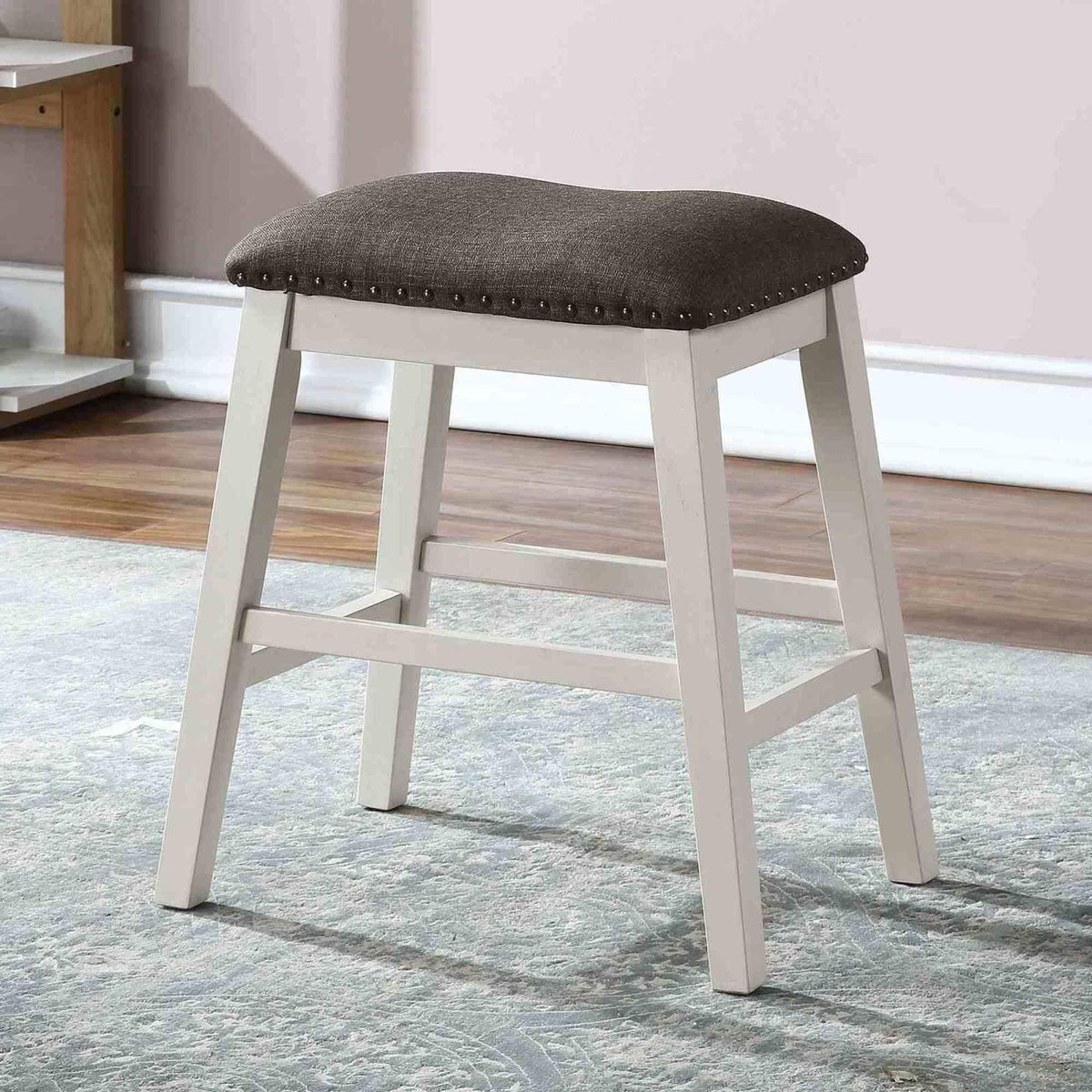 Set of 2pc Counter Height Stool Off White Dark Gray Finish Transitional Style Padded Fabric Seat Padded Fabric Contoured Seat