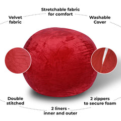 Sanctuary Velvet Bean Bag Chair, Red-4ft Plush Floor Chair for Kids and Adults w/ Washable Cover, Lounge Chair with Stretchable Fabric, Comfy Bedroom Chair, Filled with Shredded and Memory Foam.