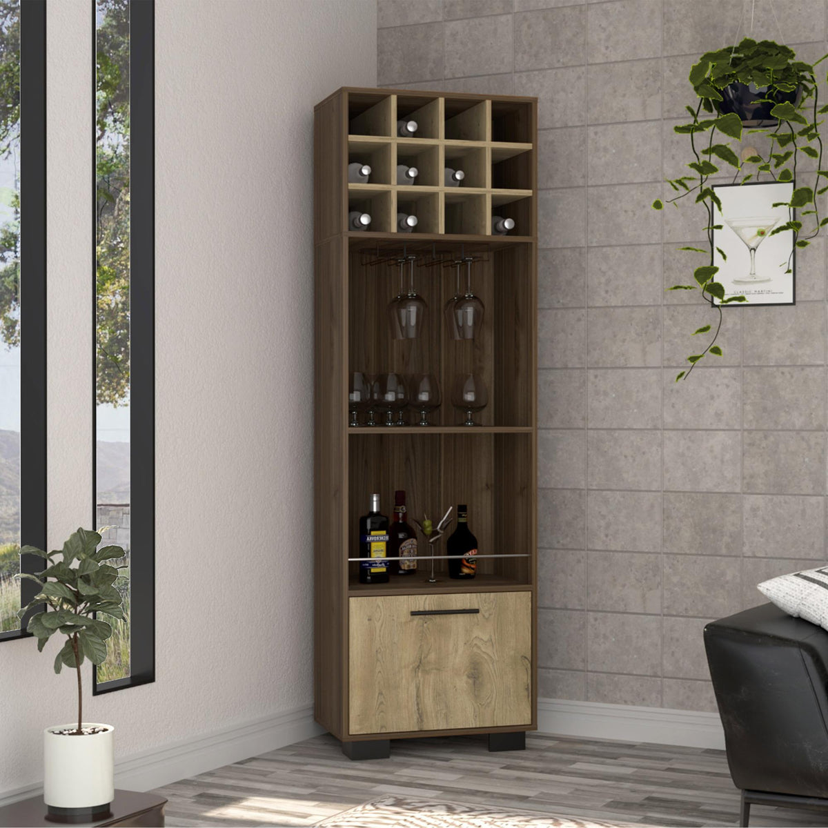 Chronicle Corner Bar Cabinet, Eight Built-in Wine Rack, Two Side Shelves
