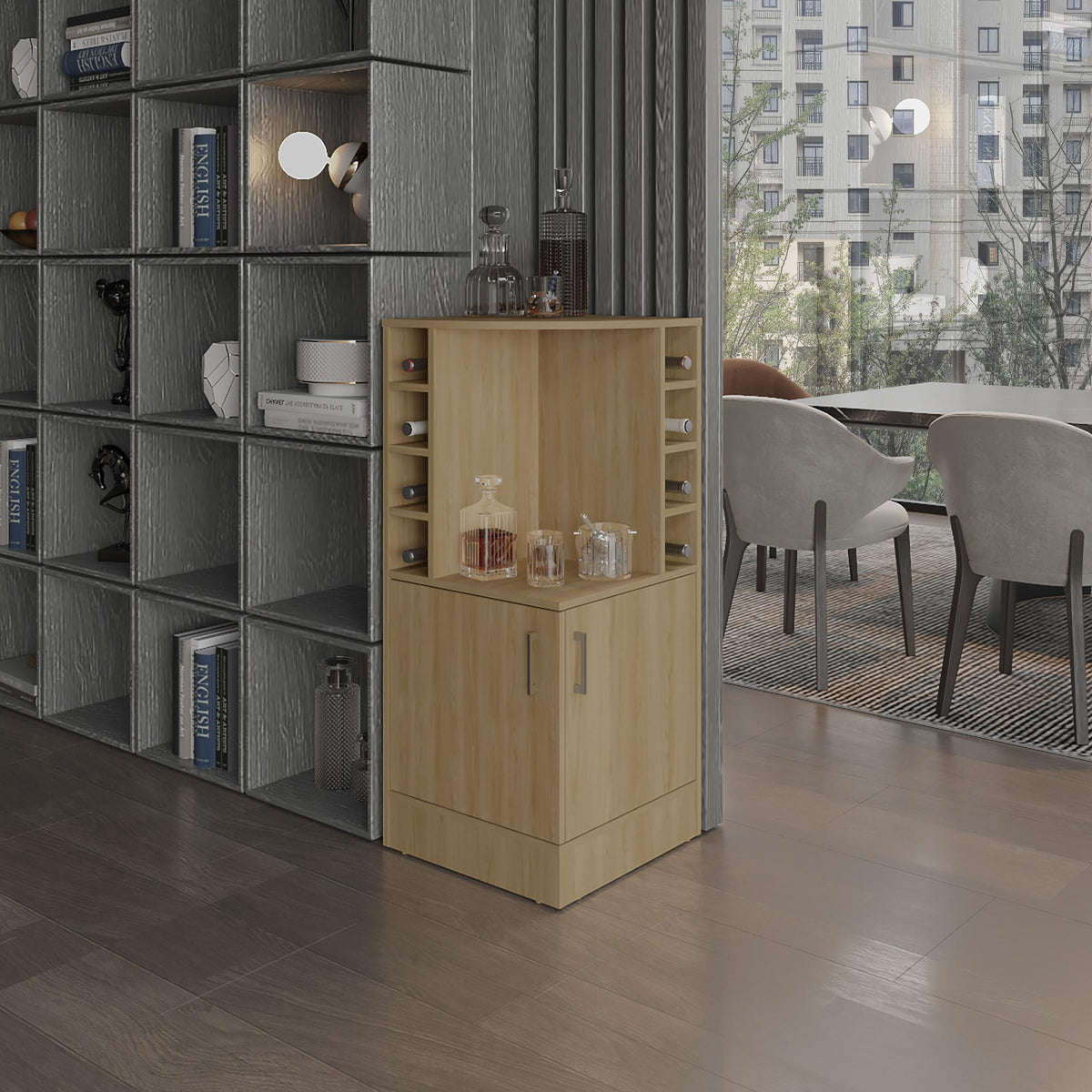 Jason 42" Tall Corner Bar Cabinet with Eight Wine Bottle Cubbies and Double Door cabinet, Living Room, Liquor Cabinet, Storage Cabinet Light Oak
