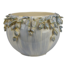 Aura Bowl Planter, White Ceramic with Floral Garland Rim, 12 Inch