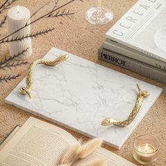 Andromache White Marble Decorative Serving Tray with Brass Snake Handles