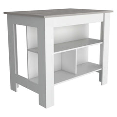 Kitchen Island, kitchen table 35" H, Four Legs, Three Open Storage Shelves, White / Ibiza Marble